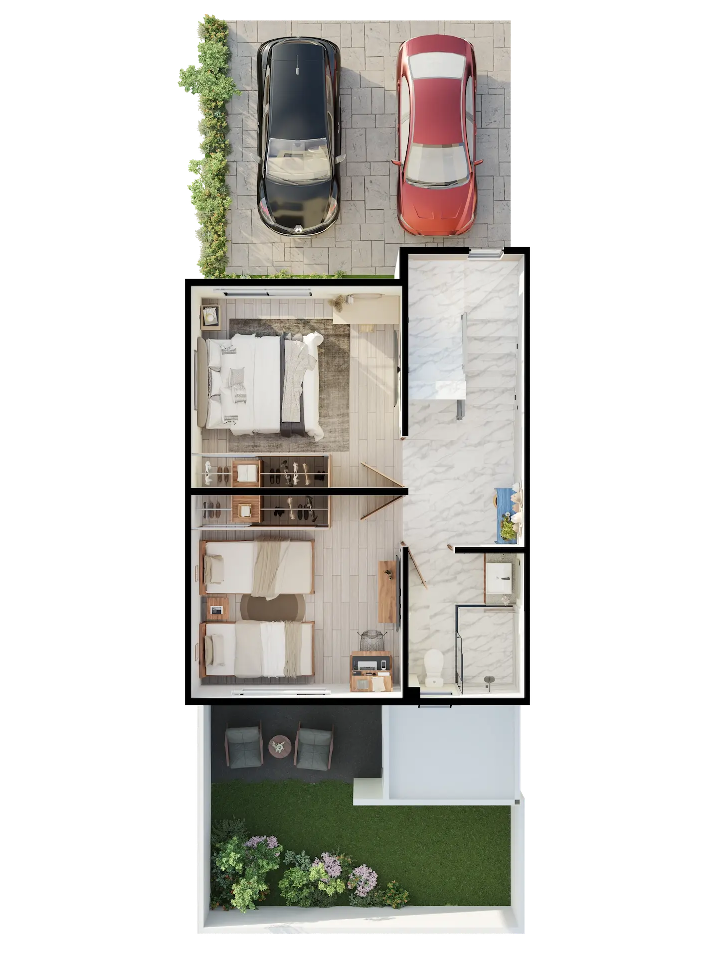 Plano del nivel 1, se muestra la distribución del modelo en esta sección, con dos recámaras, un corredor, baño con regadera, y una escalera que conecta con los niveles inferior y superior.