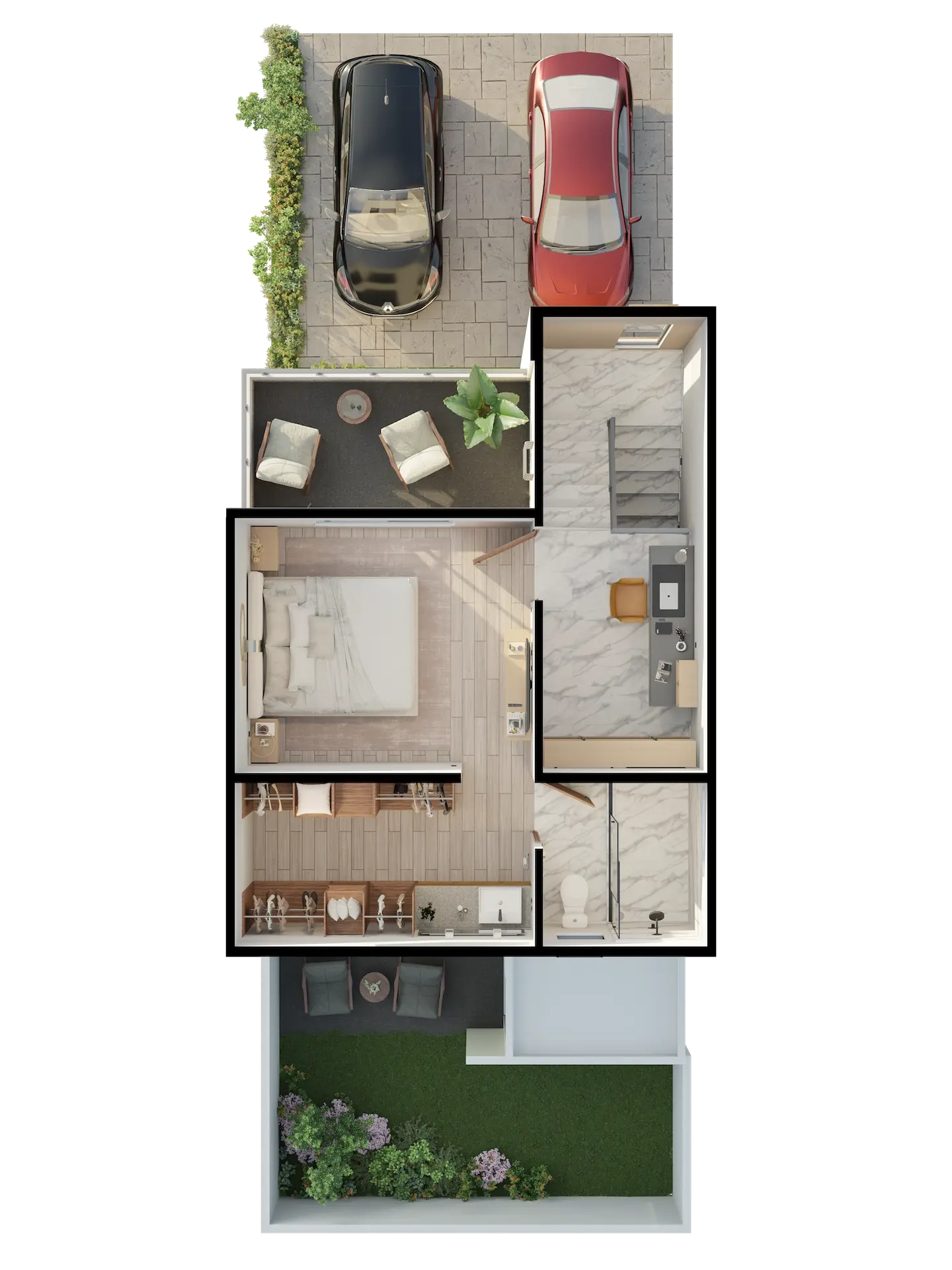 Plano del nivel 2; muestra una recámara principal con su clóset amplio, que conecta con un baño completo. También se muestra una terraza con descanso.